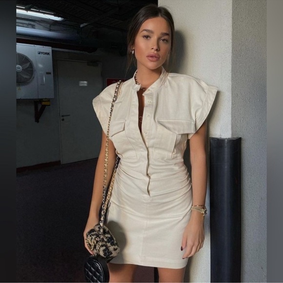 Zara Cargo Mini Utility Dress Cream Dotted Cinched Waist Size M - Picture 1 of 14